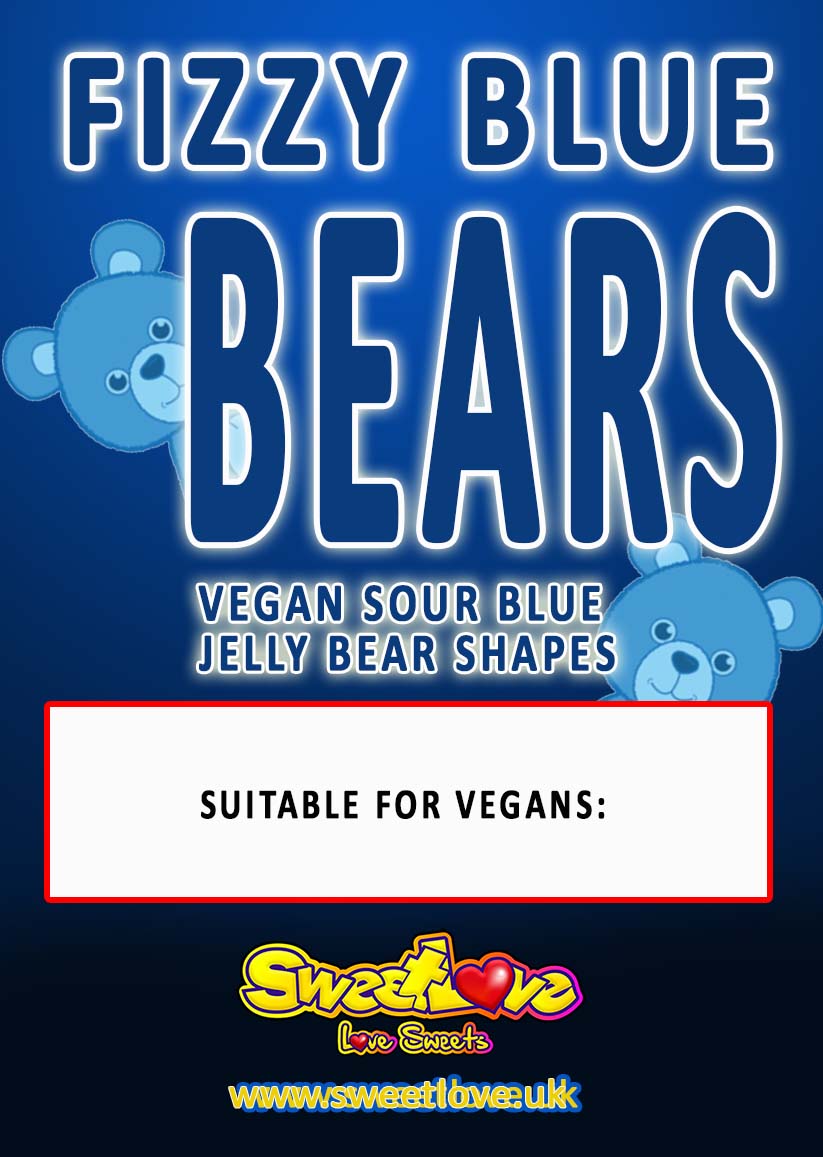 Vending label for VEGAN Fizzy Blue Jelly Bears.