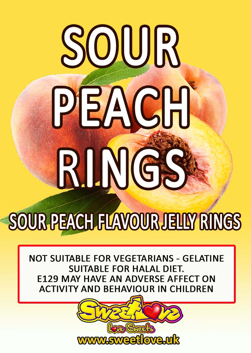 Vending label for Sour Peach Hearts.