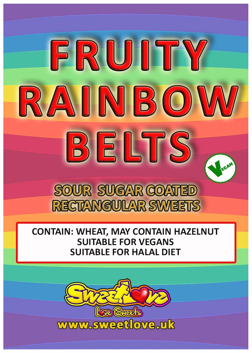 Vending label for VEGAN Fruity Rainbow Belts.