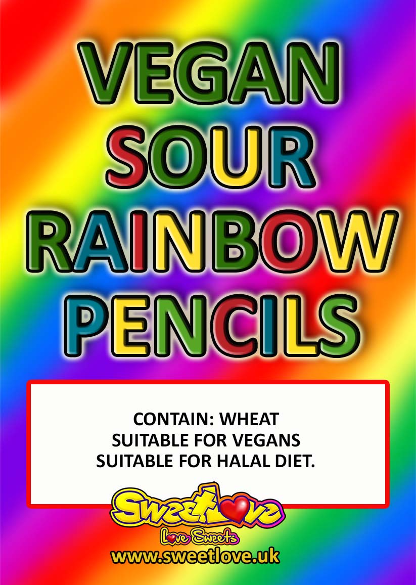 Vending label for VEGAN Sour Rainbow Pencils.