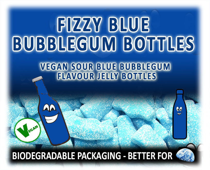 VEGAN Fizzy Blue Bubblegum Bottles.