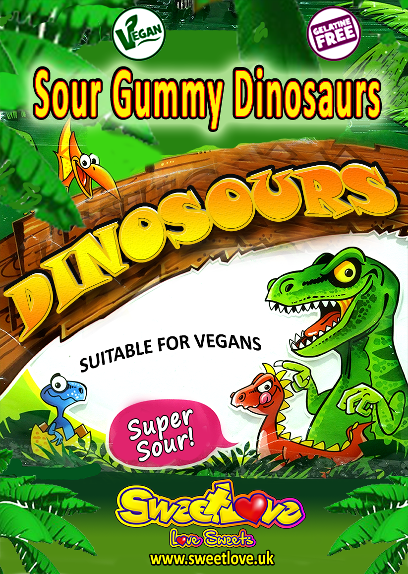 Vending label for DinoSours.